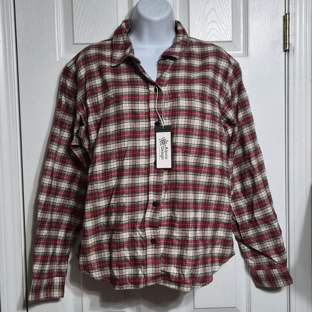 Alpine Design Red and White Plaid Button Down Shirt NWT Size M